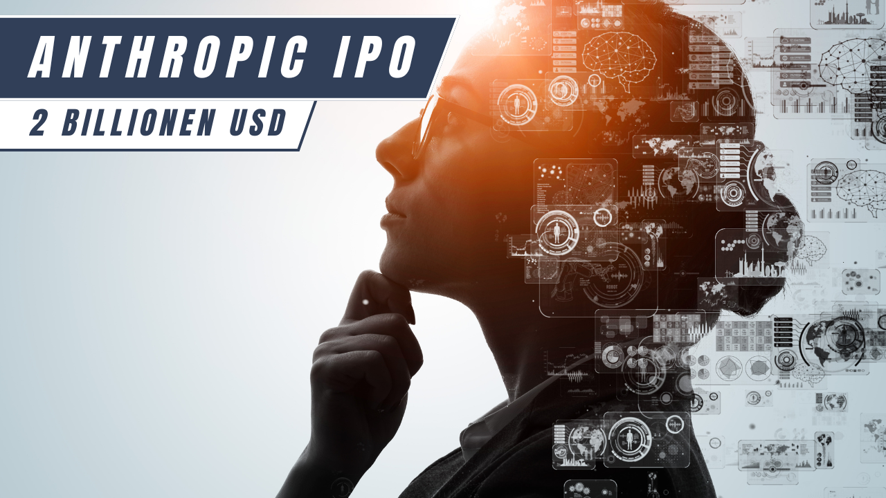 Silhouette einer nachdenklichen Person mit digitalen KI-Symbolen und Diagrammen im Kopfbereich, Schriftzug "Anthropic IPO &ndash; 2 Billionen USD"