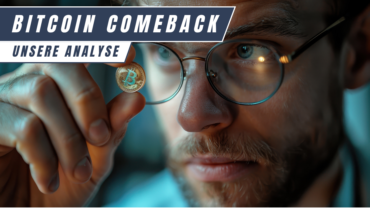 Mann mit Brille betrachtet Bitcoin-Münze prüfend – Symbolbild für die Analyse des Bitcoin-Comebacks