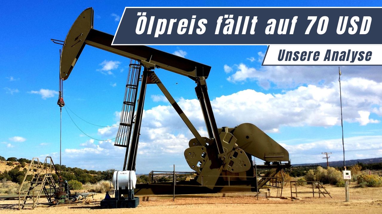 &Ouml;lpumpe vor blauem Himmel mit Grafik "&Ouml;lpreis f&auml;llt auf 70 USD" &ndash; Brent-&Ouml;lpreis-Analyse