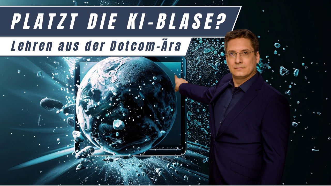 Falk Elsner von TradingBrothers zeigt auf eine platzende Blase mit dem Titel &bdquo;Platzt die KI-Blase? Lehren aus der Dotcom-&Auml;ra&ldquo;