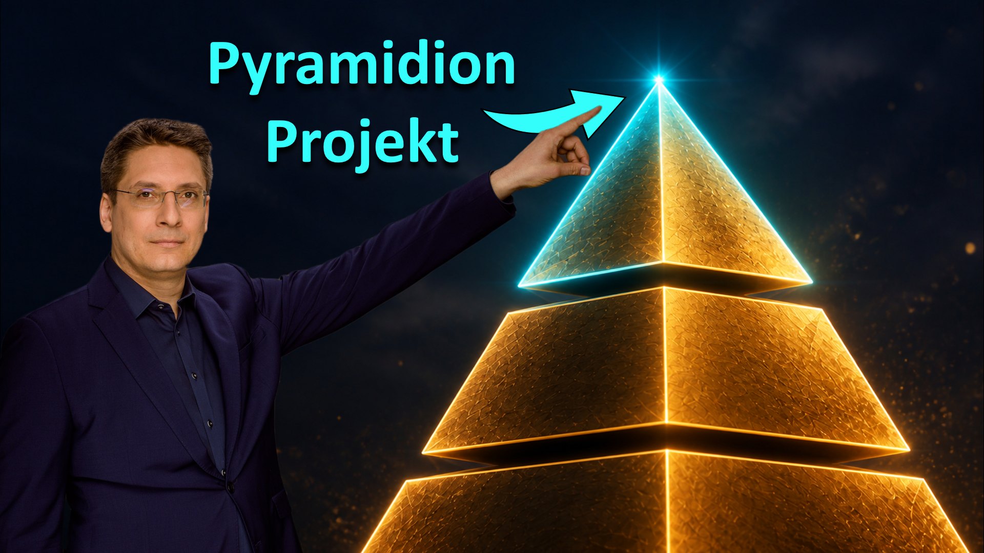Pyramidion-Projekt der TradingBrothers: goldene, leuchtende Pyramide als Symbol für das spekulative Trading-Projekt